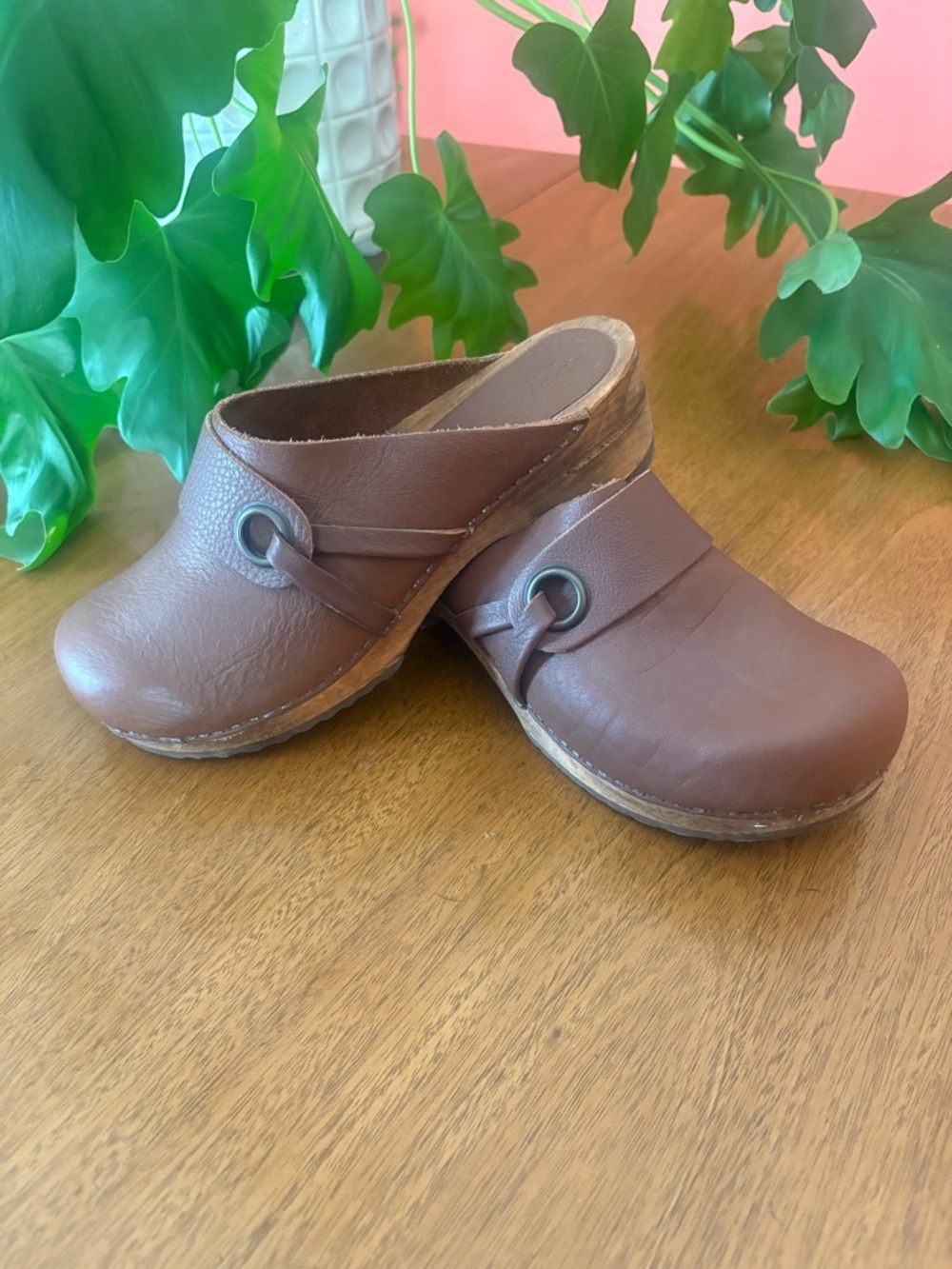 Sanita Brown Leather Clog Mules size 39 Wood Sole Brass Accent